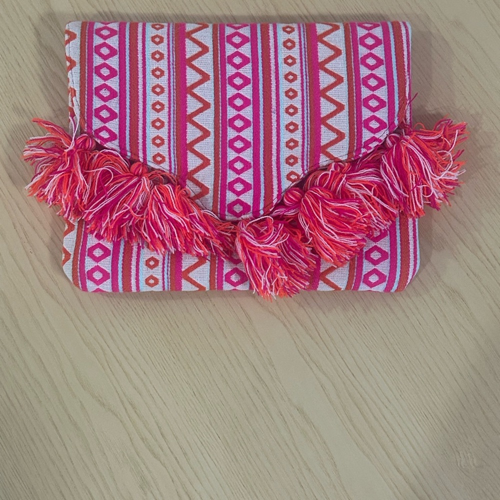 Mud Pie Pink & Orange Tassel Embroidered Clutch